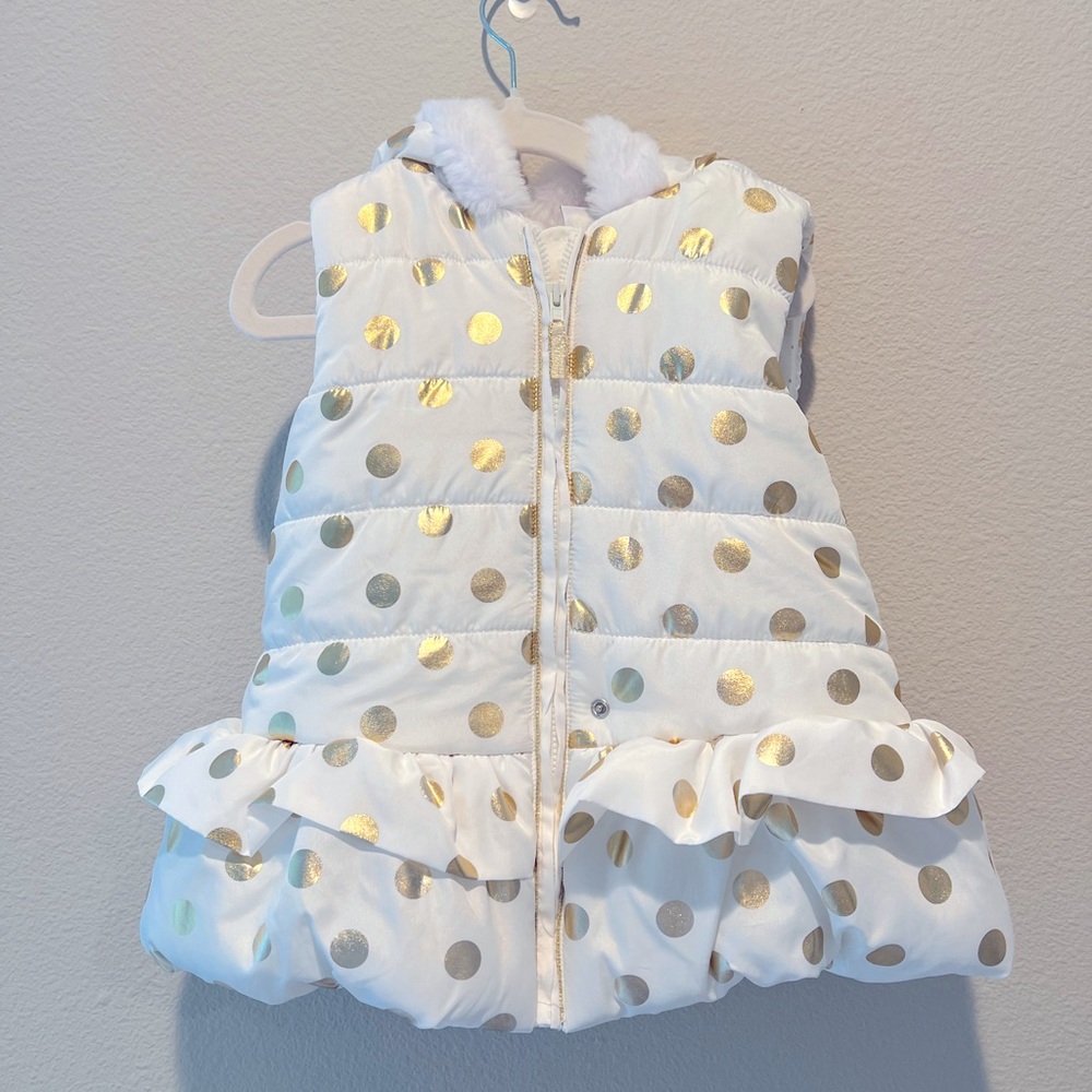 Little Me White and Gold Polka Dot Puffer Vest with Fur Lined Hood - Size 4T